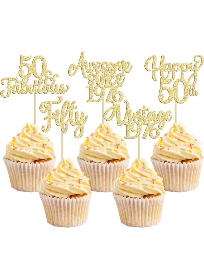 Ephlyn 30Pcs Vintage 1973 Cupcake Toppers Glitter Fifty Happy 50th Birthday 50 Fabulous Cupcake Picks Cheers to 50 Years for 50th Birthday Wedding Anniversary Party Cake Decorations Supplies Gold - Image 1