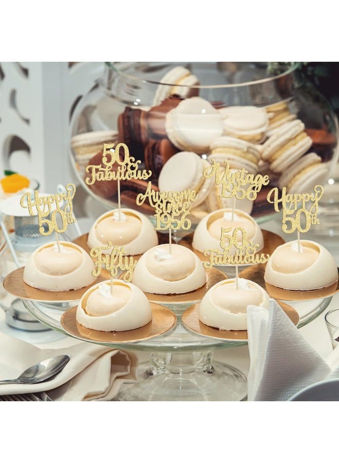 Ephlyn 30Pcs Vintage 1973 Cupcake Toppers Glitter Fifty Happy 50th Birthday 50 Fabulous Cupcake Picks Cheers to 50 Years for 50th Birthday Wedding Anniversary Party Cake Decorations Supplies Gold - Image 5