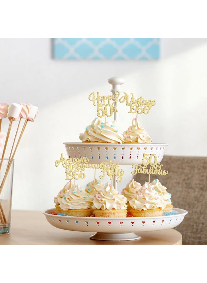 Ephlyn 30Pcs Vintage 1973 Cupcake Toppers Glitter Fifty Happy 50th Birthday 50 Fabulous Cupcake Picks Cheers to 50 Years for 50th Birthday Wedding Anniversary Party Cake Decorations Supplies Gold - Image 4