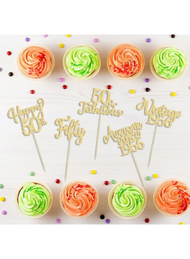Ephlyn 30Pcs Vintage 1973 Cupcake Toppers Glitter Fifty Happy 50th Birthday 50 Fabulous Cupcake Picks Cheers to 50 Years for 50th Birthday Wedding Anniversary Party Cake Decorations Supplies Gold - Image 3