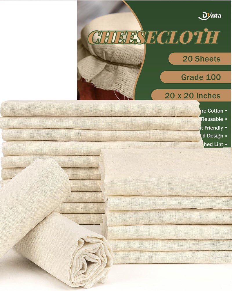 Dynta Cheesecloth for Straining Grade 100, 20 Pieces Reusable Hemmed Cheesecloth 20 x 20 Inches, 100% Unbleached Cotton Cheese Cloths for Straining, Filtering, Canning, Covering, Polishing and Decoration - Image 1