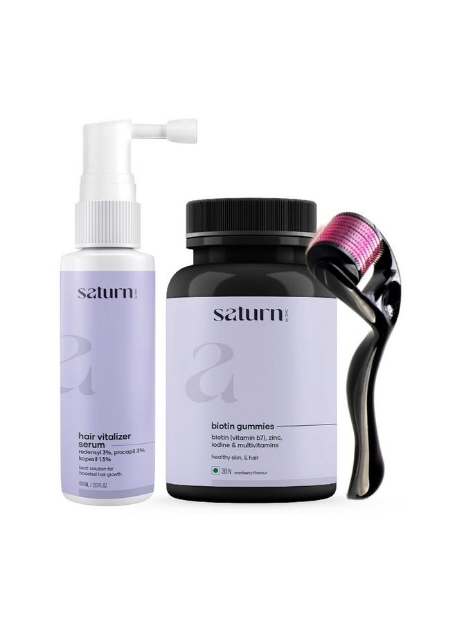Saturn by GHC - Hair Growth Combo For Biotin Hair Gummies - 30 Gummies | Hair Growth Vitalizer 60Ml | Derma Roller For Stronger, Shinier Hair & Nails - Image 1