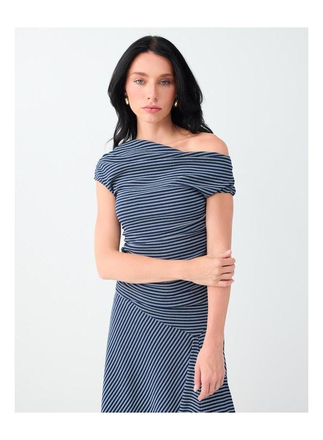 Jimmy Key Navy Blue Striped Asymmetrical One-Shoulder Blouse. - Image 3
