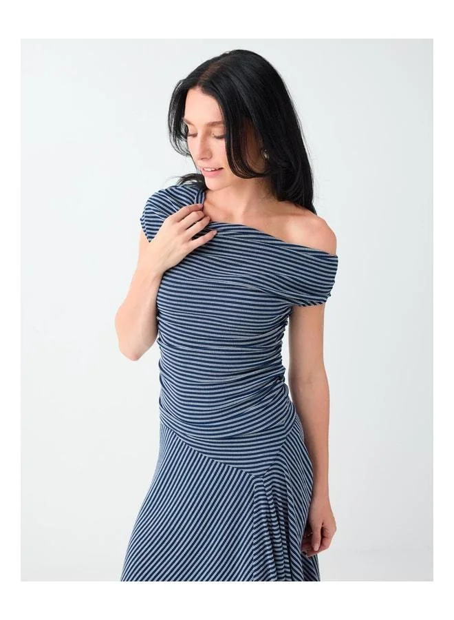 Jimmy Key Navy Blue Striped Asymmetrical One-Shoulder Blouse.