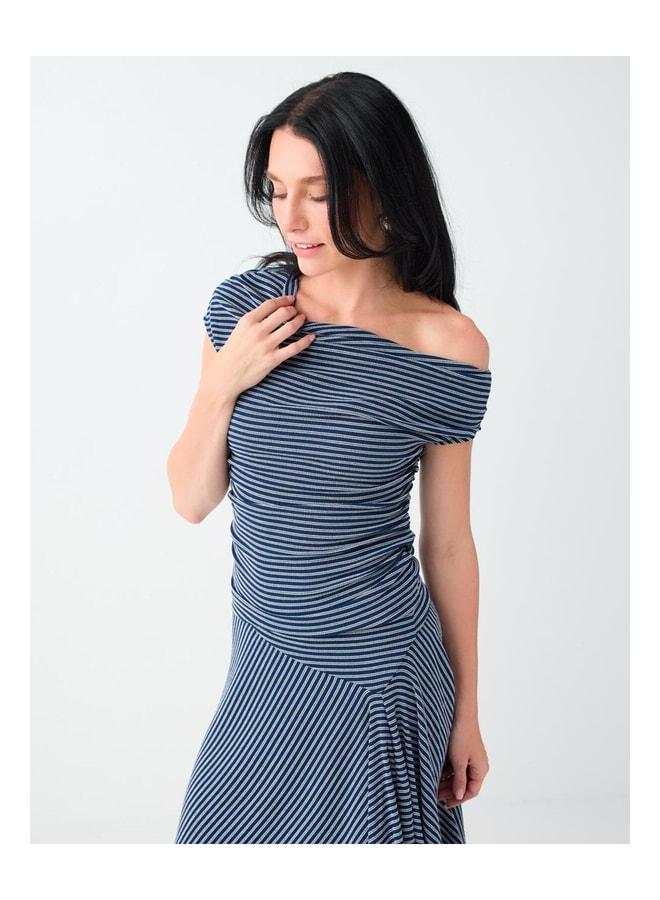 Jimmy Key Navy Blue Striped Asymmetrical One-Shoulder Blouse. - Image 1
