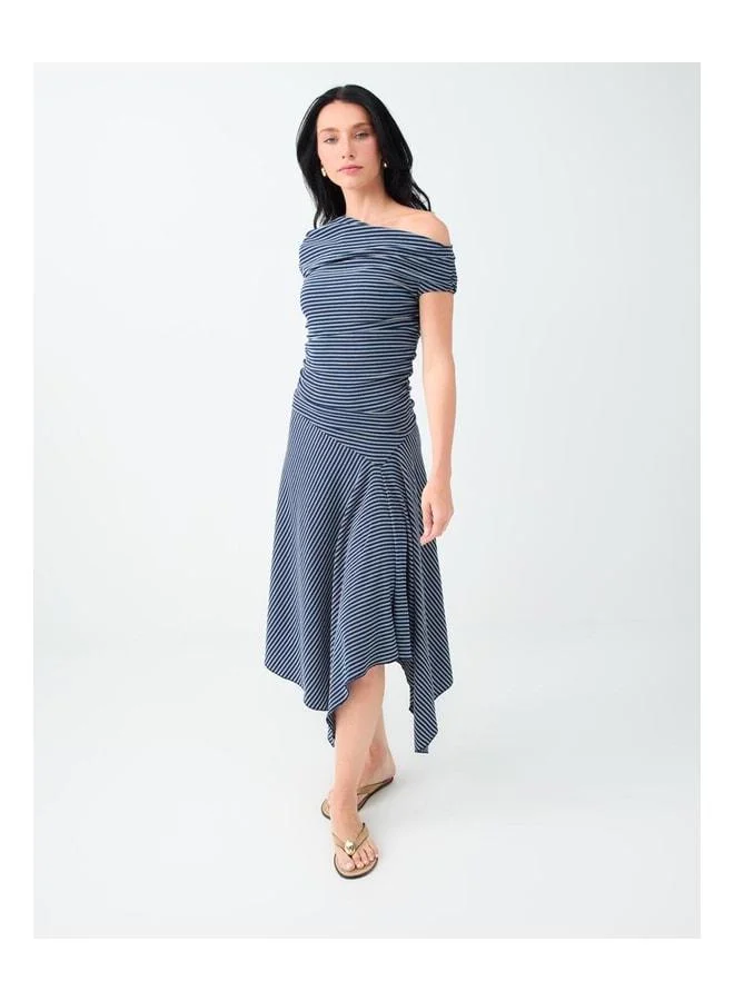 Jimmy Key Navy Blue Striped Asymmetrical One-Shoulder Blouse.