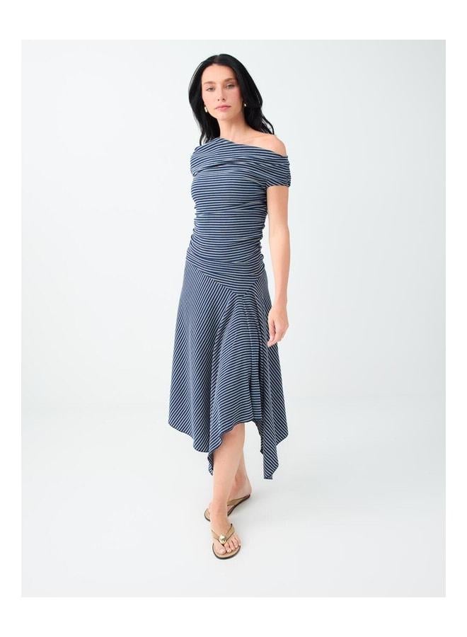 Jimmy Key Navy Blue Striped Asymmetrical One-Shoulder Blouse. - Image 2