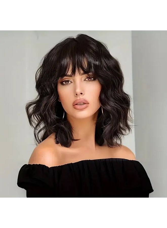 شعر مستعار قصير للنساء مع غرة، طول 14 بوصة، لون أسود، مقاوم للحرارة، شعر اصطناعي - Image 1