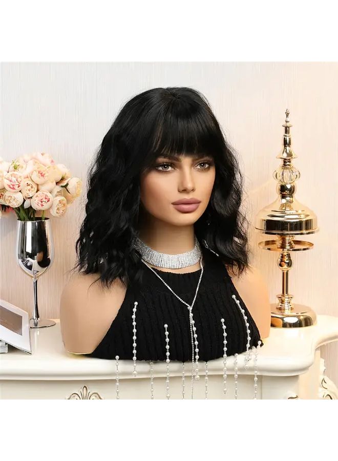 شعر مستعار قصير للنساء مع غرة، طول 14 بوصة، لون أسود، مقاوم للحرارة، شعر اصطناعي - Image 5