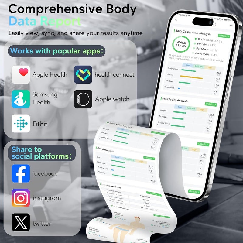 أربوليف ميزان arboleaf لقياس الوزن، ميزان ذكي يحتوي على مؤشر كتلة الجسم (BMI)، نسبة الدهون في الجسم، كتلة العضلات، ويتيح تحليل تركيب الجسم بشكل كامل من خلال أكثر من 50 معيارًا، ميزان رقمي عالي الدقة يحتوي على 8 أقطاب كهربائية، يدعم التوصيل عبر بلوتوث (Bluetooth). - Image 5