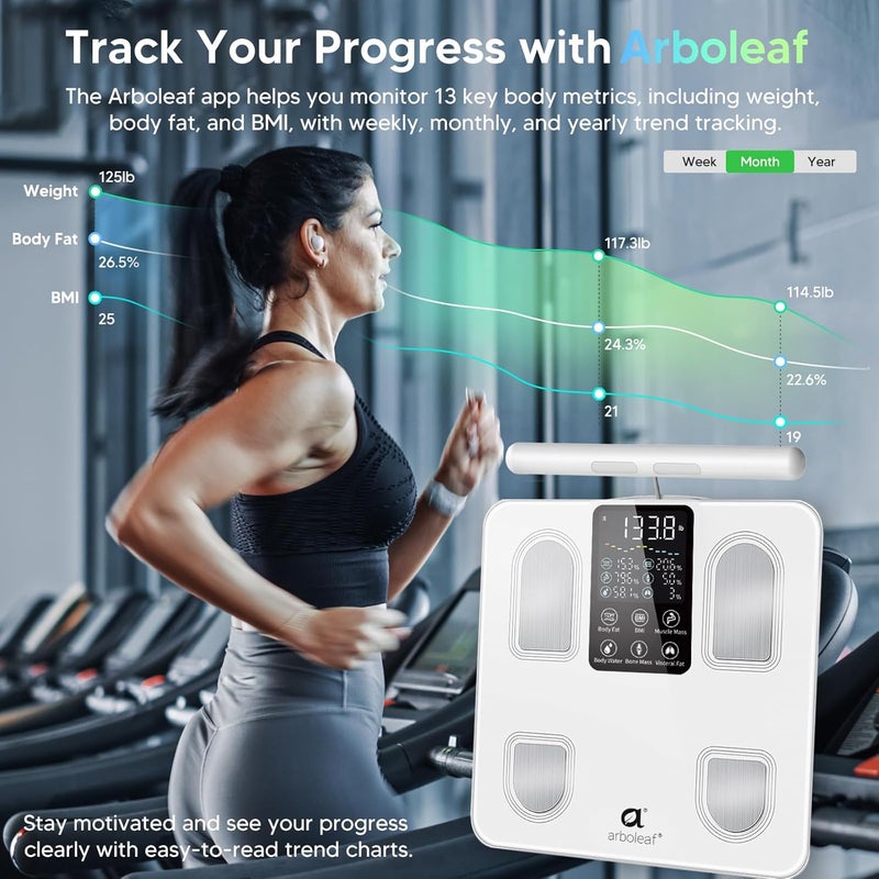 أربوليف ميزان arboleaf لقياس الوزن، ميزان ذكي يحتوي على مؤشر كتلة الجسم (BMI)، نسبة الدهون في الجسم، كتلة العضلات، ويتيح تحليل تركيب الجسم بشكل كامل من خلال أكثر من 50 معيارًا، ميزان رقمي عالي الدقة يحتوي على 8 أقطاب كهربائية، يدعم التوصيل عبر بلوتوث (Bluetooth). - Image 2