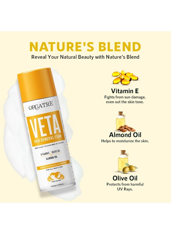 Orgatre Veta Hair Removal Foam Wash For Men & Women | Painless Body Hair Removal Spray For Chest, Back, Legs & Under Arms| Hair Removal Cream Spray - 200 Gm - Image 3