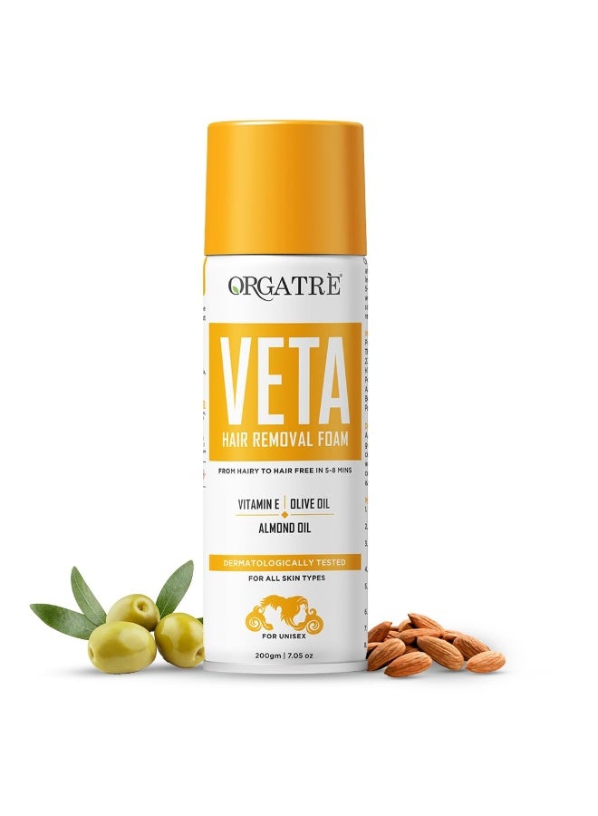 Orgatre Veta Hair Removal Foam Wash For Men & Women | Painless Body Hair Removal Spray For Chest, Back, Legs & Under Arms| Hair Removal Cream Spray - 200 Gm - Image 1