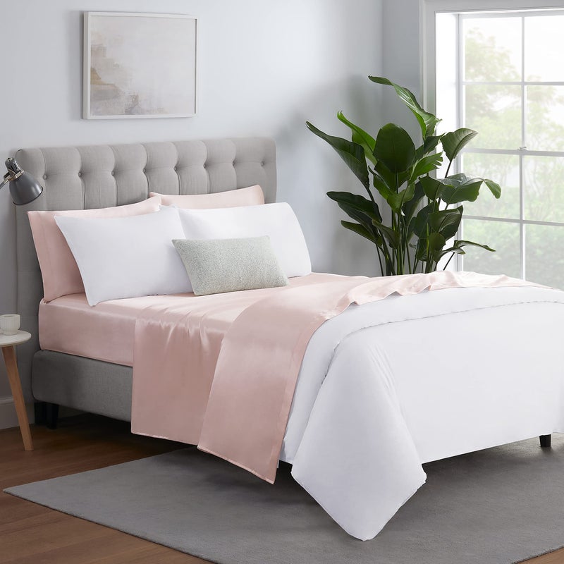 Serta SatinLuxury 4pc Soft Lightweight Deep Pocket Bedding Silky Satin Sheet Set with Pillowcases, King, Blush Pink - Image 2