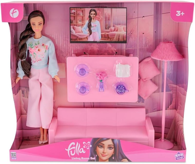 Fulla Doll with Living Room Set Includes Sofa, Cushions, Tea Cups, Lamp, Flowers and Phone & Cozy Room Playset for Pretend Stories and Creative Play – Ideal for Dollhouse Fans - Image 4