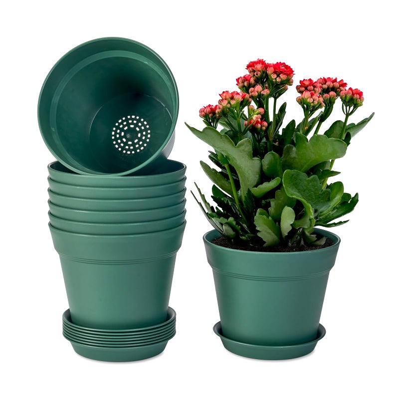 homenote Plant Pots,7.5 Inch Flower Pots for Plants Plastic Planters for Indoor with Multiple Drainage Holes and Trays, for All Home Garden Flowers Succulents,Outdoor(Green,8 Pack) - Image 1