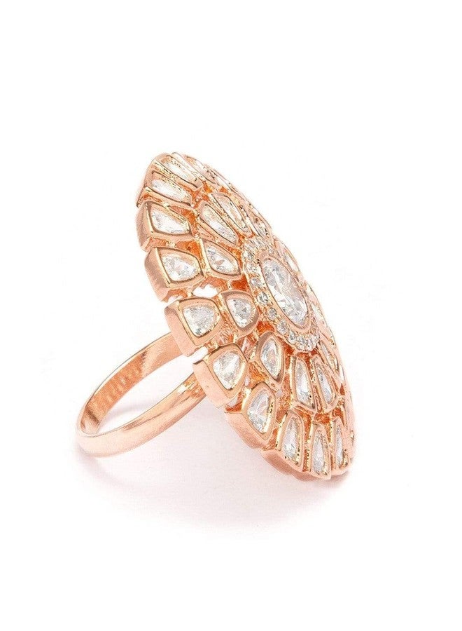 Rubans 18K Gold-Plated Cubic Zirconia & Kundan Studded Adjustable Cocktail Ring | Statement Jewelry for Women & Girls - Image 2