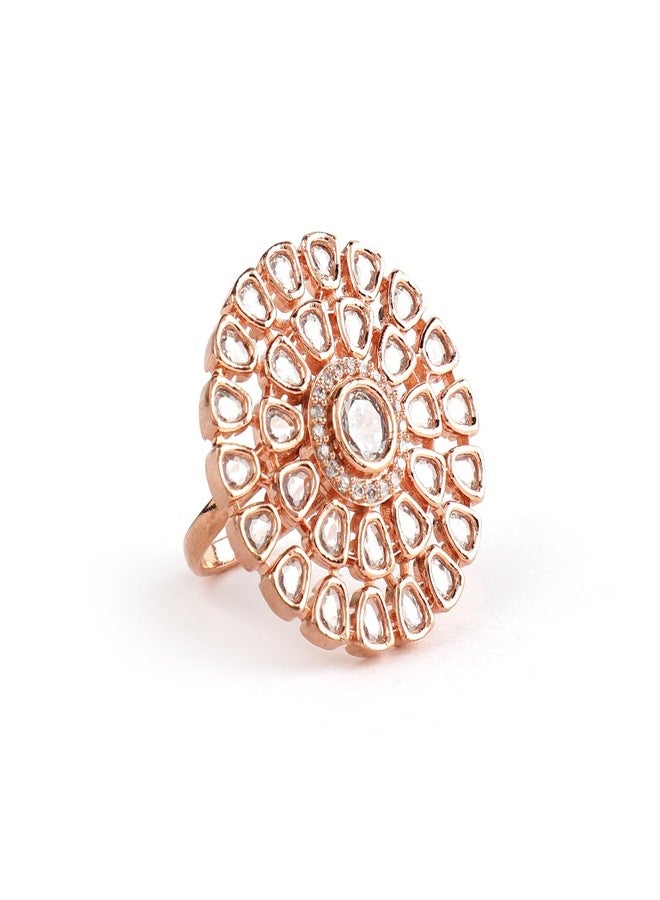 Rubans 18K Gold-Plated Cubic Zirconia & Kundan Studded Adjustable Cocktail Ring | Statement Jewelry for Women & Girls - Image 1