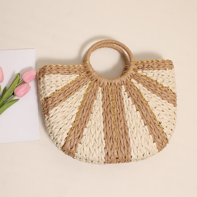 Xiaozhong Gold Line Contrast Color Handheld Straw Bag New Style Striped Semi-Round Straw Bag Woven Bag Style Fake Beach Bag Women'S Bag - Image 5