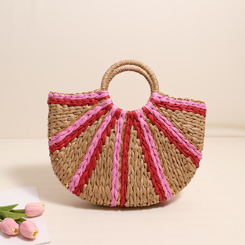 Xiaozhong Gold Line Contrast Color Handheld Straw Bag New Style Striped Semi-Round Straw Bag Woven Bag Style Fake Beach Bag Women'S Bag - Image 3