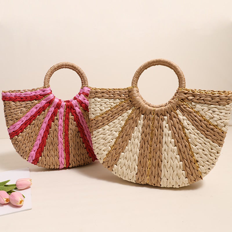 Xiaozhong Gold Line Contrast Color Handheld Straw Bag New Style Striped Semi-Round Straw Bag Woven Bag Style Fake Beach Bag Women'S Bag - Image 2