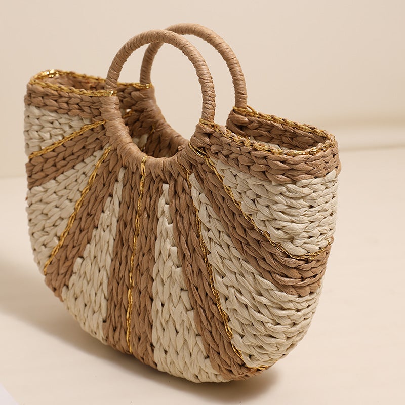 Xiaozhong Gold Line Contrast Color Handheld Straw Bag New Style Striped Semi-Round Straw Bag Woven Bag Style Fake Beach Bag Women'S Bag - Image 4