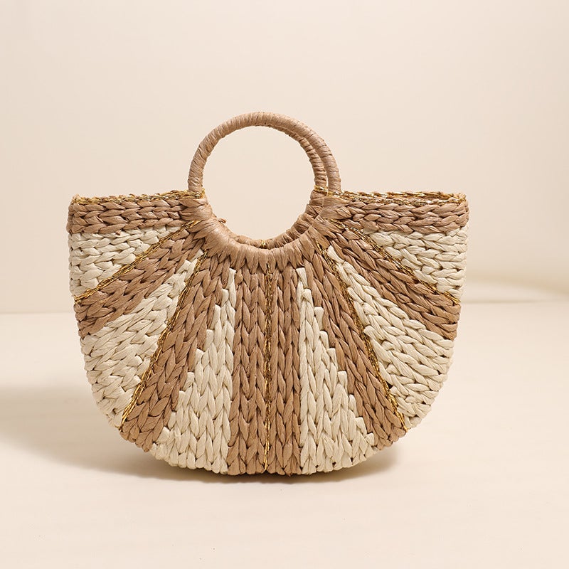 Xiaozhong Gold Line Contrast Color Handheld Straw Bag New Style Striped Semi-Round Straw Bag Woven Bag Style Fake Beach Bag Women'S Bag - Image 1