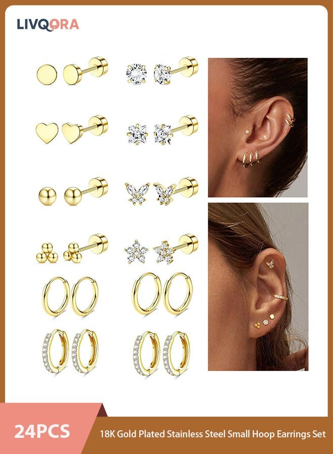 ليفقورا طقم 24 حلق ذهبي صغير للنساء، حلقات دائرية مطلية بالذهب عيار 18 من الستانلس ستيل، مثالية للثقب المتعدد، حلقات جذابة للأذن والغضروف والتراجس والهيليكس - Image 1