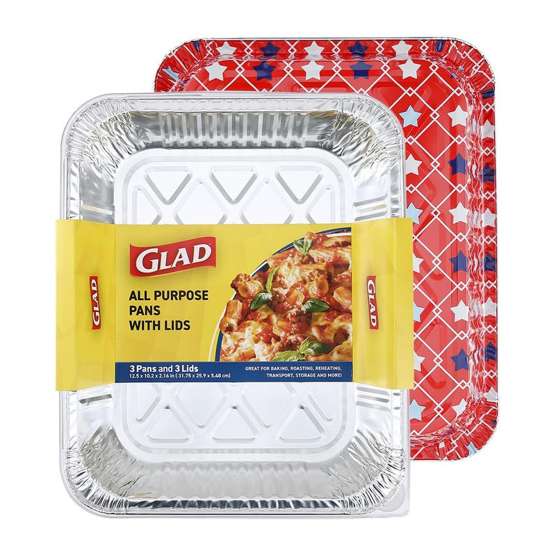 Glad Disposable Aluminum All Purpose Pans in Red White  Blue Stars 3ct with Lids  Printed Colorful Foil Steam Pans  125 x 102 x 216 Aluminum Pan  Disposable Steamware