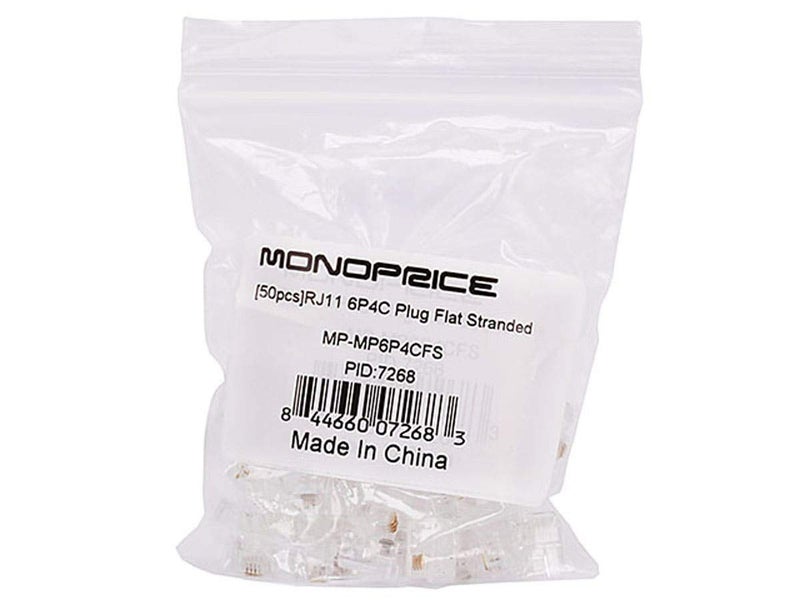 Monoprice موصلات RJ11 مودولار 6P4C من مونو برايس - لكابل صلب/مجدول مسطح، 1u، 2 سنون، 50 حزمة، شفاف - Image 3