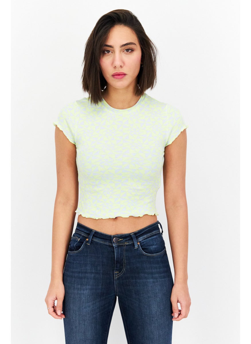 rvca Women Crew Neck Short Sleeve Allover Print Top, Lime Green  - Image 1