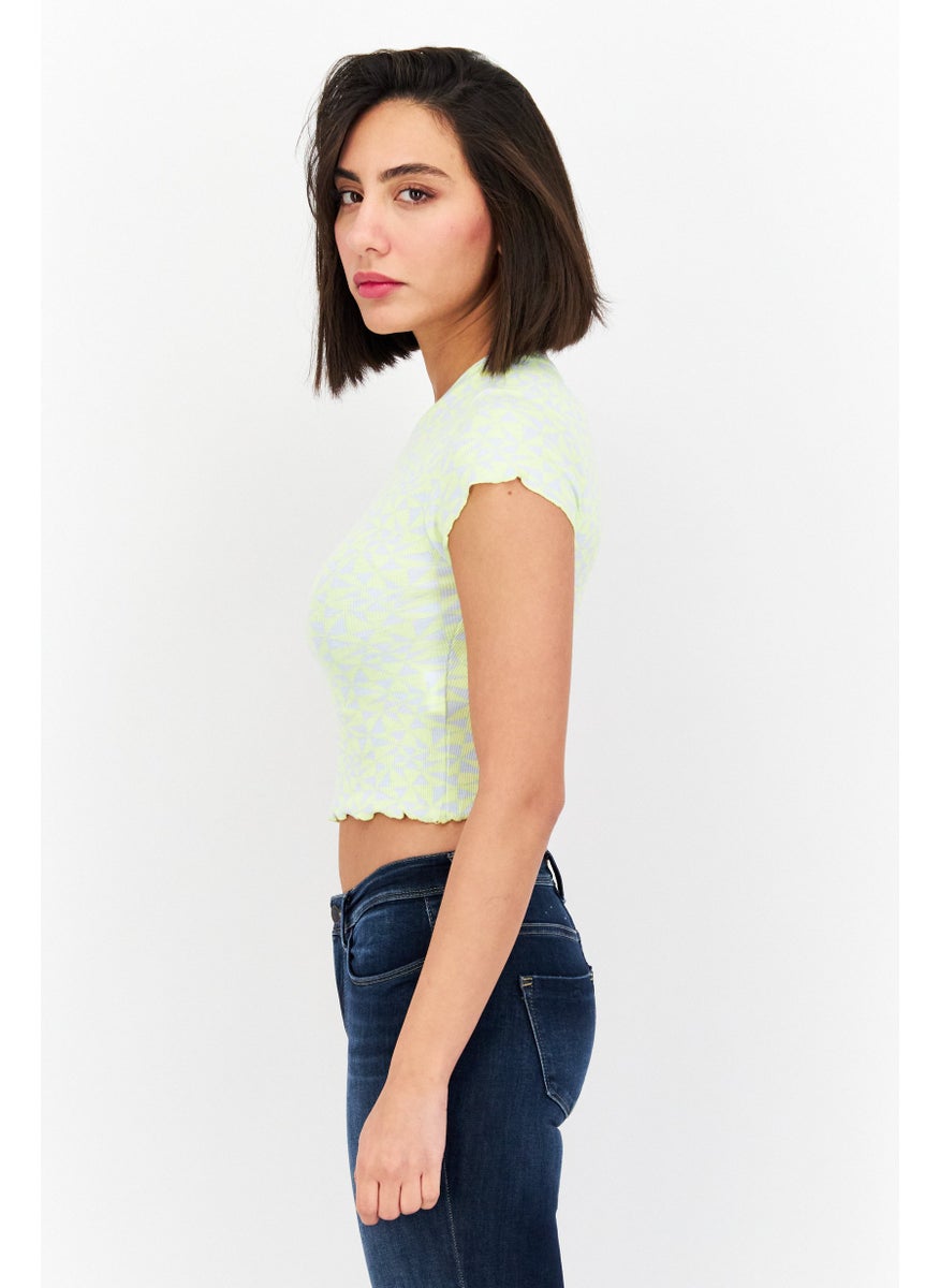 rvca Women Crew Neck Short Sleeve Allover Print Top, Lime Green  - Image 2
