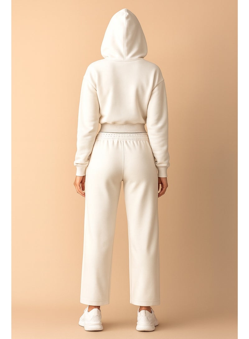 CHEVALIER FASHION Women's Premium White Hooded Tracksuit – Cropped Zip Hoodie & Wide-Leg Joggers Set - Image 2