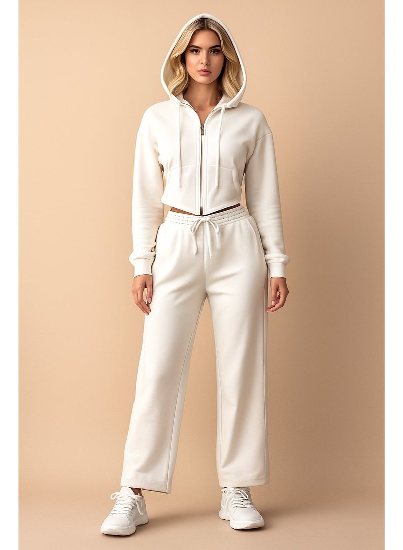 CHEVALIER FASHION Women's Premium White Hooded Tracksuit – Cropped Zip Hoodie & Wide-Leg Joggers Set - Image 1