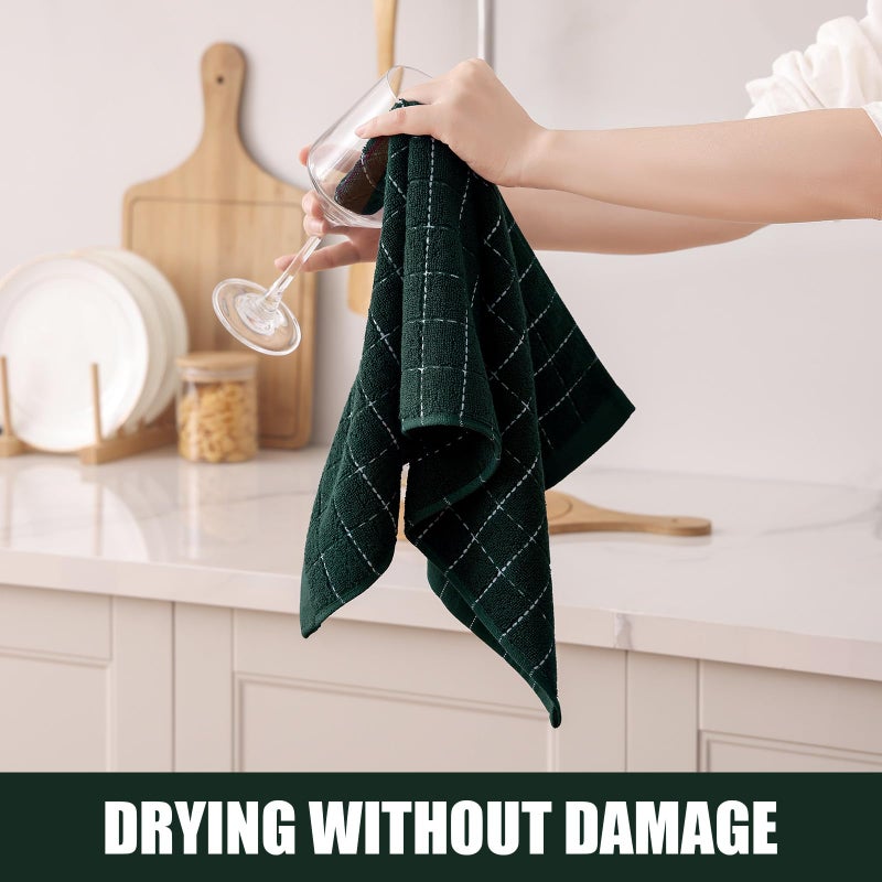 Homaxy 100% Cotton Terry Kitchen Towels(Blackish Green, 13 x 28 inches), Checkered Designed, Soft and Super Absorbent Dish Towels, 4 Pack - Image 4