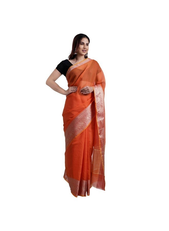BHATI Women's Kota Doria Pure Cotton Design Saree With Unstiched Blouse Piece (orange) - Image 3