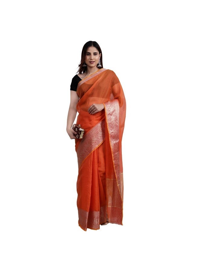 BHATI Women's Kota Doria Pure Cotton Design Saree With Unstiched Blouse Piece (orange) - Image 2