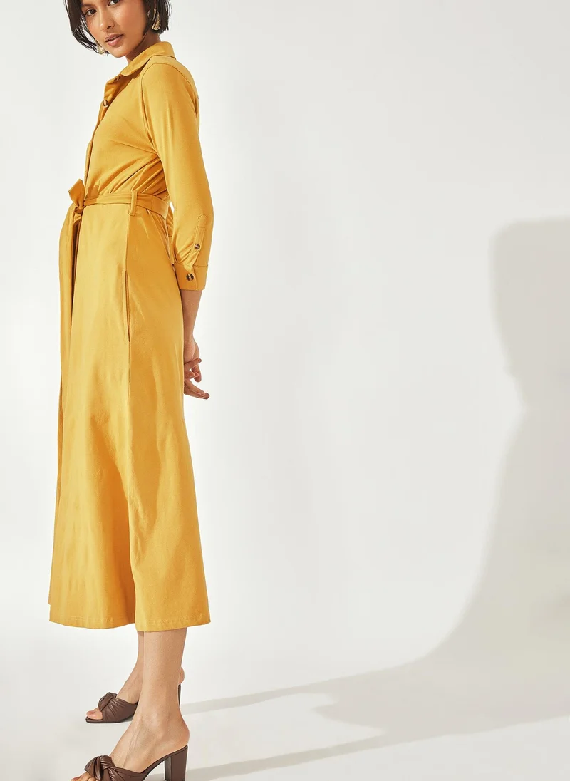 Mustard Longline Shirt Dress – Chic & Flowy