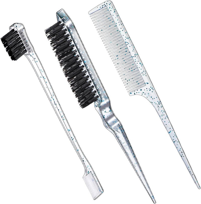 Geiserailie 3 Pcs Slick Back Hair Brush Set Bristle Brush Edge Control Teasing Comb for Women Black Hair(Clear Blue) - Image 1