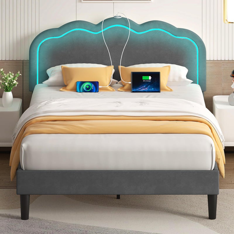 VECELO Upholstered Full Bed Frame with Headboard Adjustable LED Lights USBA TypeC Velvet Platform Bed Noise Free Mattress Foundation with Wooden Slats No Box Spring Needed Grey