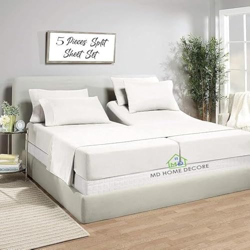 600 Thread Count Split Sheet Set 5PC Split King Sheets for Egyptian Cotton Split King Sheet Set 16 inch Deep Pocket Adjustable Bed Sheets White Solid