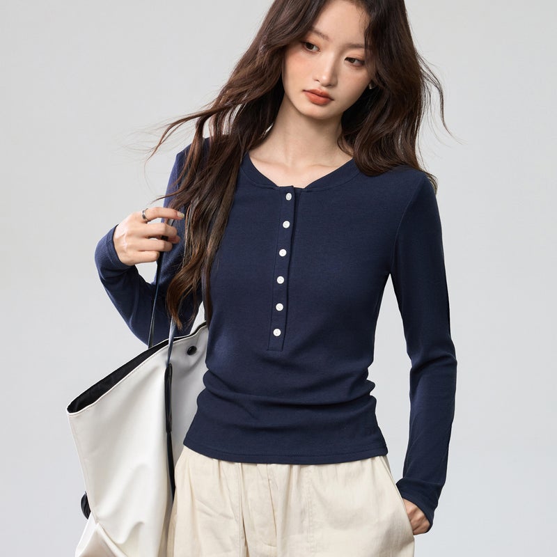 Women's Slim Fit Long Sleeve Henley T-Shirt - Image 3