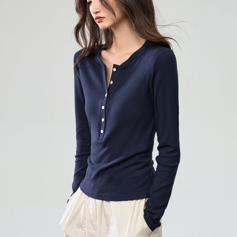 Women's Slim Fit Long Sleeve Henley T-Shirt - Image 1