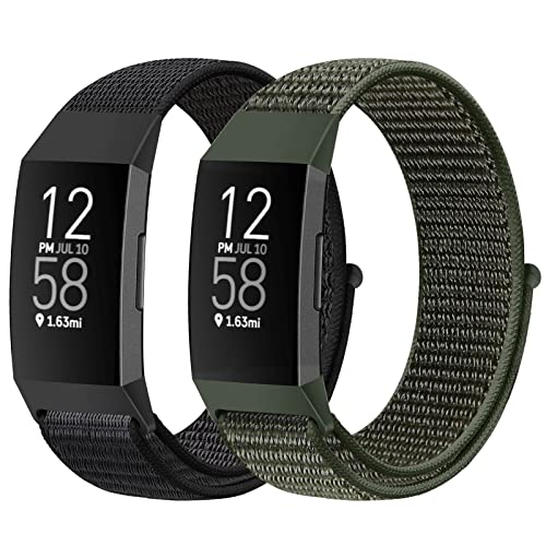 AVOD Nylon Watch Bands Compatible with Fitbit Charge 4/Charge 3/SE, Soft Replacement Wristband Breathable Sport Strap with Band for Women Men (Dark Black+Navy Green) - Image 1