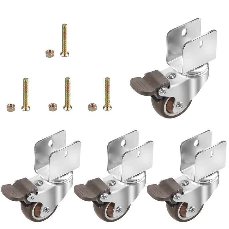 CPROSP 4 Movable Wheels with Brake Swivel Rubber U Wheels Diameter 38 mm Wheels for Trolley Plate Opening 20 mm with Brake Bearings 60 kg for Shelves Small Flower Swivel Wheels - Image 1