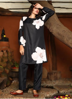  قصة Women's Obsidian Black & Cream White Hibiscus Spot Kurta Set  - Image 4