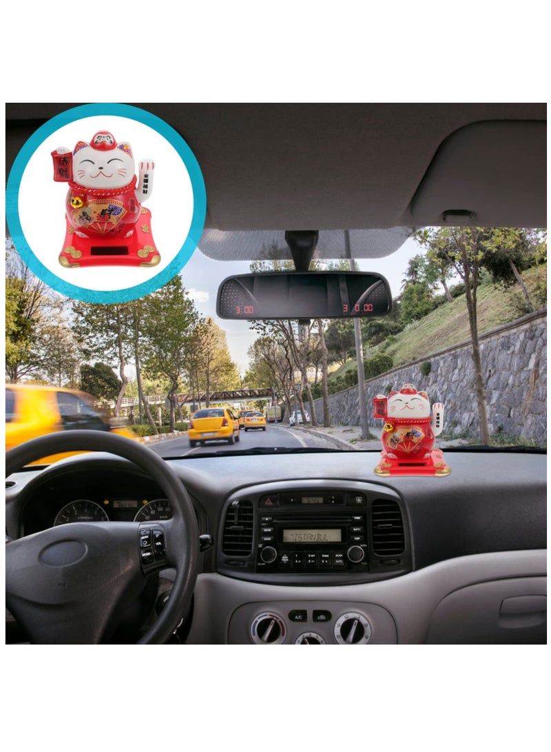 Fortune Cat, Solar Powered Miniature Waving Arm Cat Statue Figure Japanese Maneki Neko Lucky Cat Figurines Cute Waving Upright Lucky Fortune Cat Red Chinese Decor