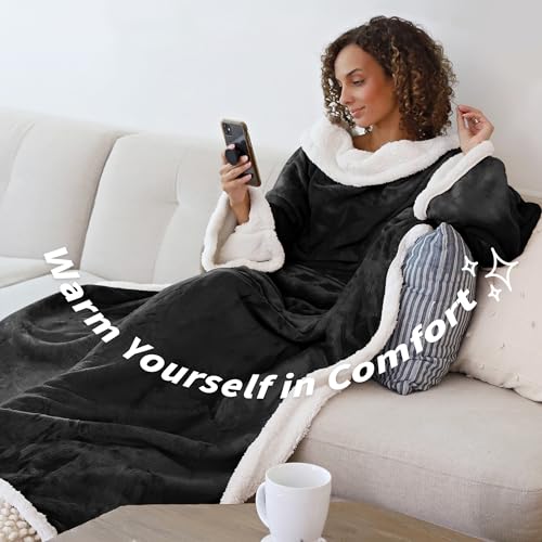 Catalonia Sherpa Wearable Blanket with Sleeves Arms, Comfy Sleeved TV Wrap Blanket, Large Snuggly Throw for Women and Men, Gift for Her - Image 3