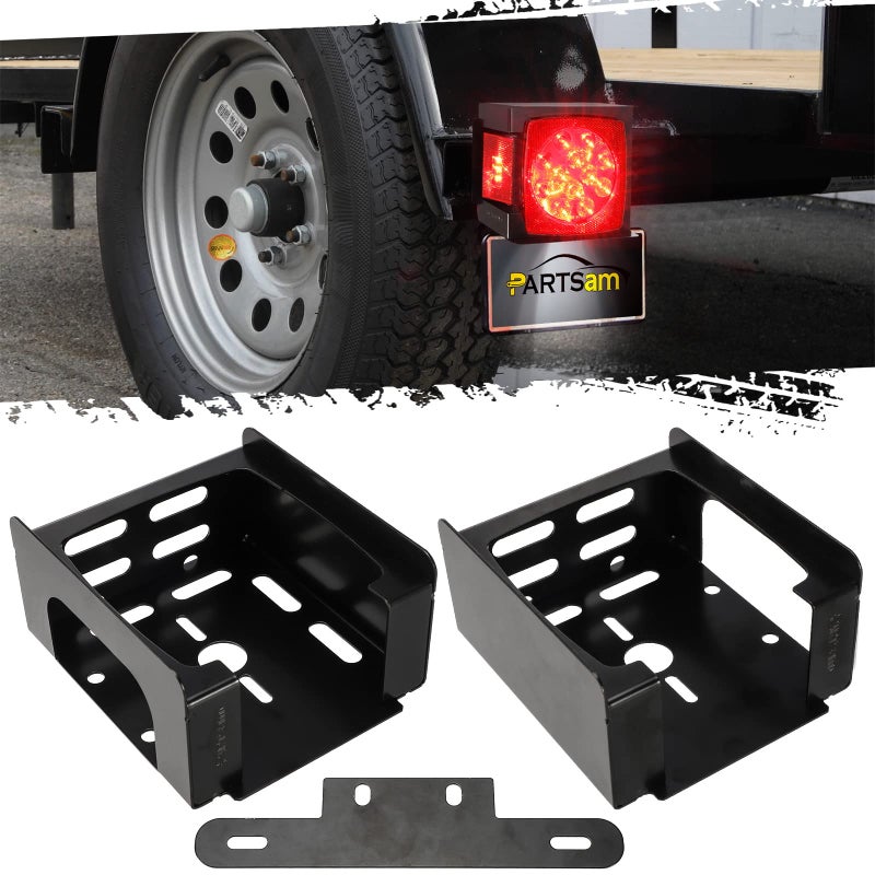 Partsam 1 Set Square Black Trailer Tail Light Mounting Box Left Right and License Plate Bracket Guard Cover Heavy Duty Steel S45C 1045 with Screws for Trailers Under 80 Boat Truck Marine Camper RV