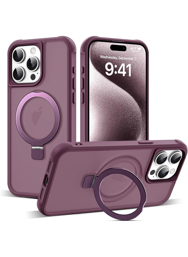 جراب شفاف عسكري متوافق مع iPhone 15 Pro مع حامل مغناطيسي غير مرئي على شكل حلقة لهاتف iPhone 15 Pro مقاس 6.1 بوصة [متوافق مع Mag-Safe] [شعور قبضة رائع]، أحمر نبيذي - Image 1